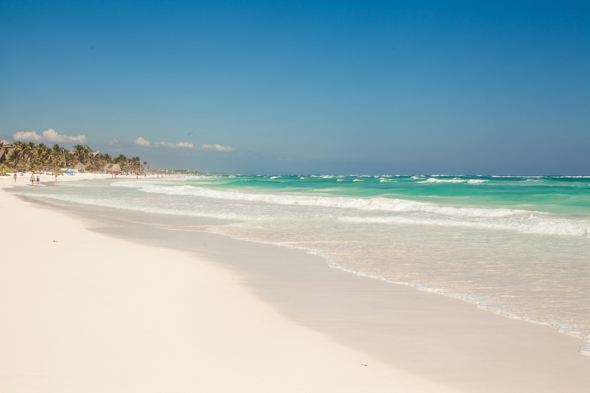 Perfect tropical beach with turquoise water and white sand beaches in Tulum, Mexico